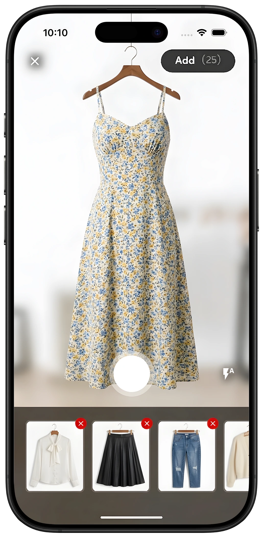 Styler camera capture screen showing a floral dress with detected items like a blouse, a skirt and jeans