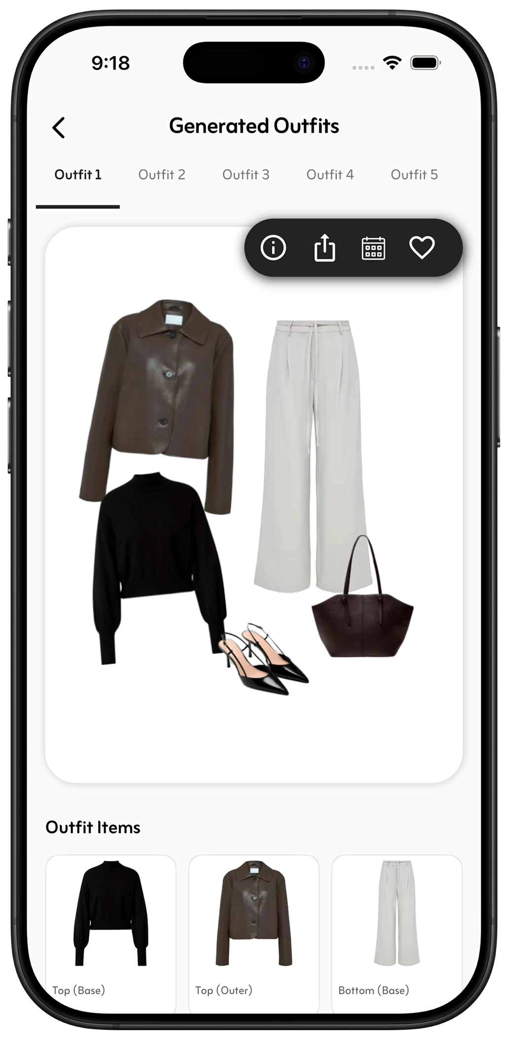 A complete outfit generated by Styler — top, bottom and shoes suggested for the occasion
