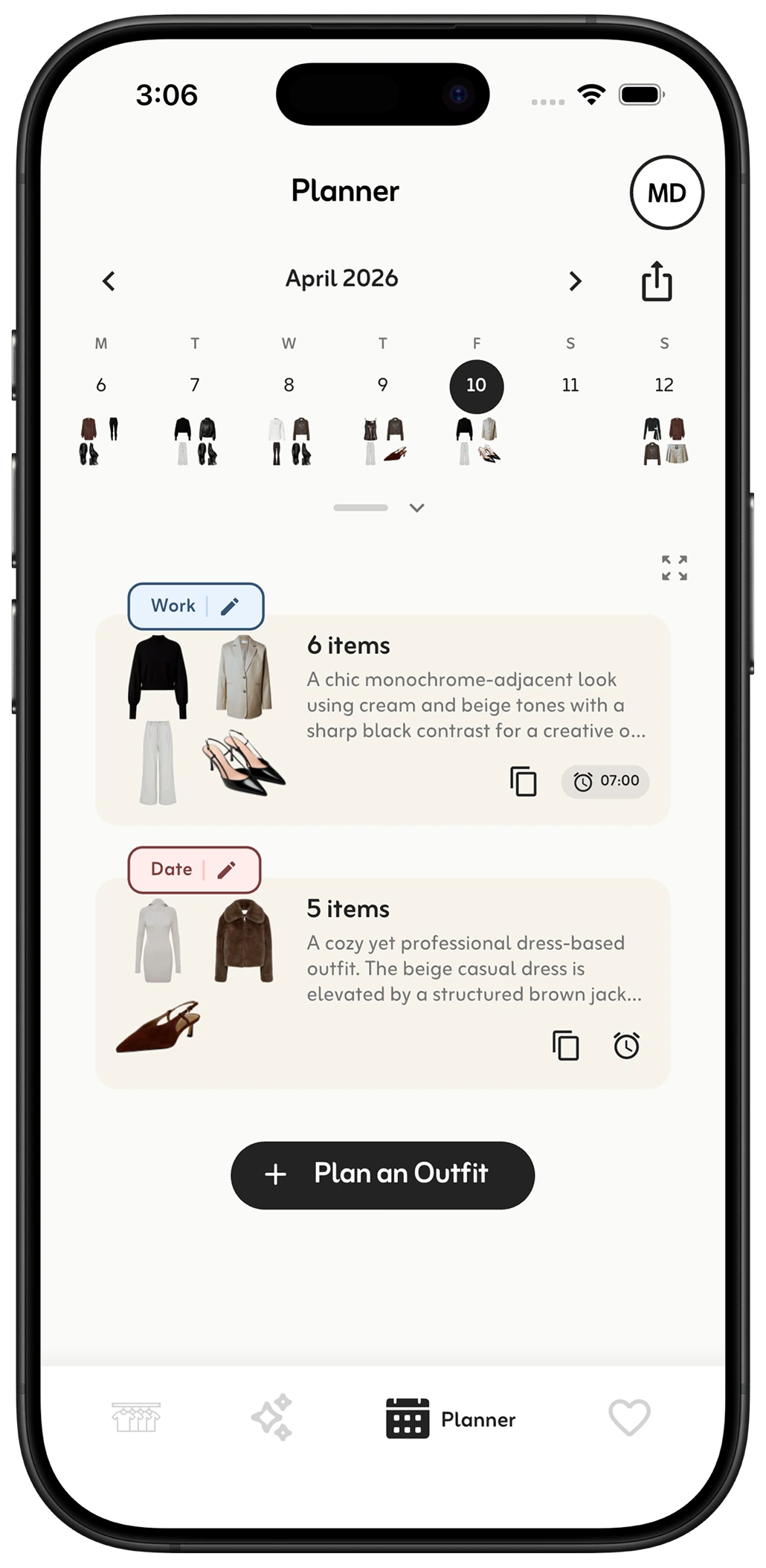 Styler weekly outfit planner with looks placed on each day of the week