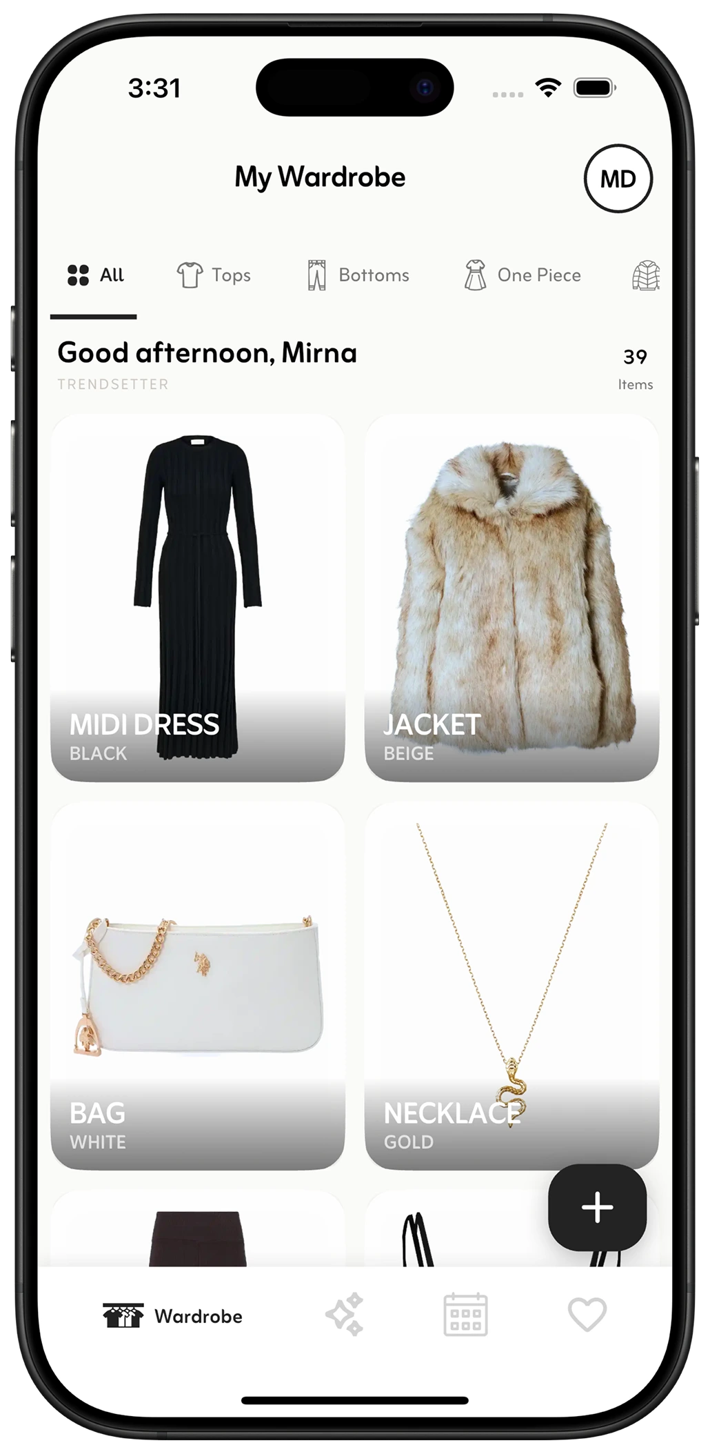 Styler wardrobe screen showing the My Wardrobe tab with a dress, a jacket, a bag and a necklace organized by category